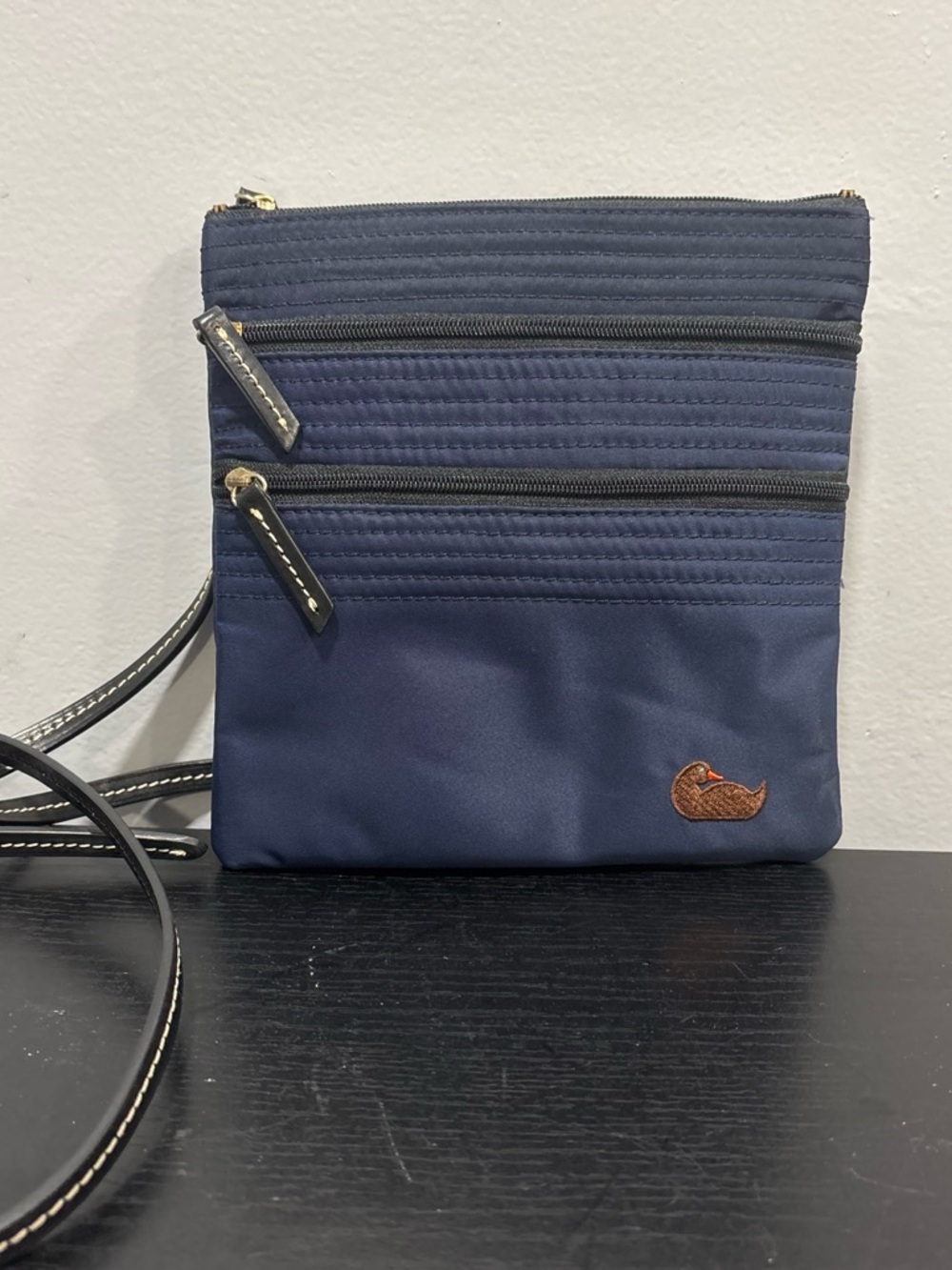 Dooney & Bourke Navy Triple-Zip Crossbody nylon bag leather trim purse